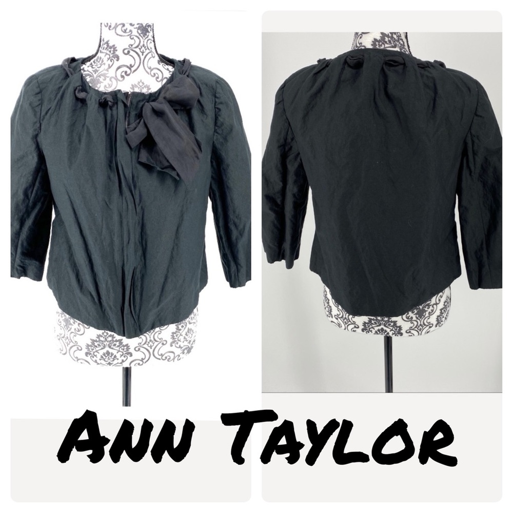 Ann Taylor black lightweight Bolero tie neck jacket metallic full zip work